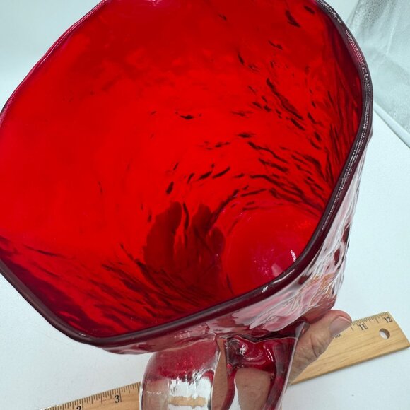 Morgantown Ruby Red Crinkle Glass 9" Pinched Pitcher With Clear Handle EUC - Picture 10 of 14